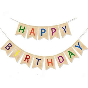 Hot Sale Happy Birthday Burlap Banners Colorful Bunting Backdrop Banner Flags for Birthday Party Decoration