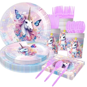 Huancai Unicorn Party Supplies Disposable Paper Plates Cups Napkins Disposable Tableware Set for Kids Birthday Party Decor