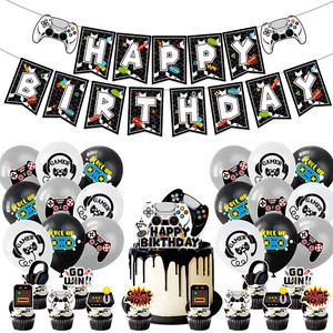 New Arrive Black and White Game Console Theme Birthday Party Decoration Flag Balloon Cake Topper Tablecloth Set Supplies