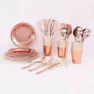Rose Gold Disposable Dinner Picnic Tableware Set Portable Paper Plates Kit Holiday Party Supplies Kit