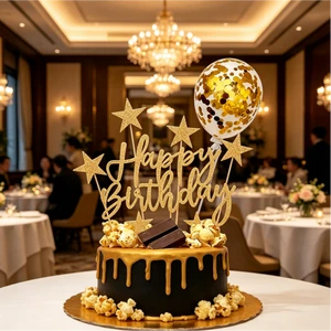 新奇生日派对装饰品金色亮片带星星装饰和五彩纸屑气球蛋糕配件金色生日蛋糕装饰套装