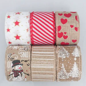 Christmas Holiday Decorative Eco-friendly 5 Yards Heart-Shaped Snowflake Wire-Edged Faux Burlap Roll Jute Ribbon Christmas