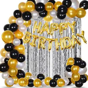 53Pcs Black Gold White Latex & Confetti Items Set with 2Pcs Silver Foil Curtain Glossy Birthday Decoration Kit Combo