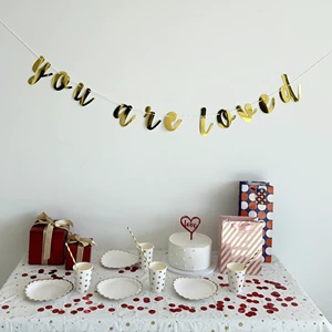 You Are Loved Banner Gold Metallic Color Paper Banners Pre-Strung Sign for Wedding Decor Decoration Engaged Garland Supplies