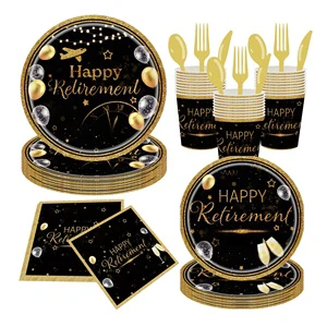 Cartoon Festival Atmosphere Disposable Paper Plate Tableware Set Black Gold Retirement Birthday Party Decorations