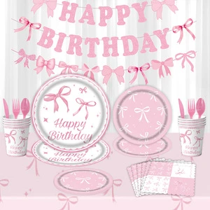 Pink Bow Theme Birthday Party Cartoon Hot Selling Tablecloths Tableware Set with Decorations