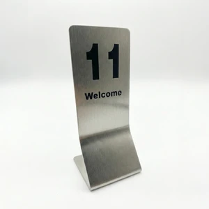 Wedding Banquet Hotel Restaurant Cafe Bar Brushed Stainless Steel Metal Standing Tent Style Table Number Sign Plate