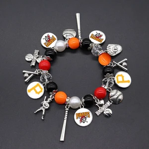 Pittsburgh Pirates Zinc Alloy Baseball Bat & Glove Championship Charm Bracelet Elastic Beaded Bangles with Custom Team Logo