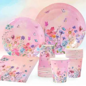 Microstar Pink Purple Butterfly Flower Tableware Set PaperTablecloth Party Decoration Wedding Birthday Party Supplies