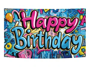 Happy Birthday Banner 3 X 5 Feet - Colorful Graffiti Party Decoration, Cartoon Theme Birthday Background