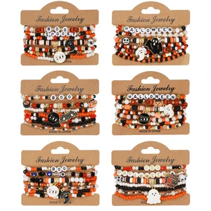 Halloween Spooky Bohemian Style Beaded Bracelets Set with Skull Pumpkin Ghost Charms for Women & Men Unisex Party Jewelry