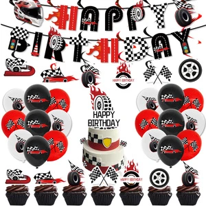 New Racing Car Themed Birthday Party Supplies Red & Black Paper Latex Cutlery Pull Flag Balloon Tableware Set