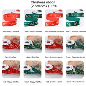 New Stock 2.5cm Width Polyester Christmas Printed Ribbon 25 Yards/Roll Woven Technics for Bag and Holiday Gift Wrapping