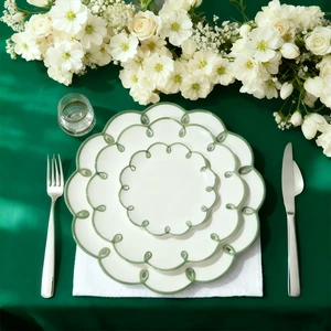 Fatroy European Flower Shape Ceramic Dinner Plate Set with Color Rim Charge Plates for Wedding Event Table Decorations