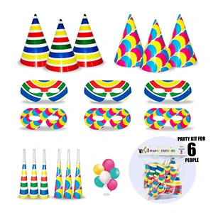 Colorful 6 People Party Supplies Birthday Party Favors Set with Hats Masks Horns Balloons for Party Decorations