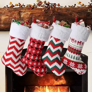 Vintage Embroidery Red White 18inch Polyester Christmas Stockings Chevron Reindeer Design Holiday Fireplace Tree Ornament Gift