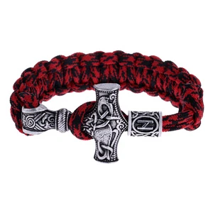 Handmade Classic Viking Thor Hammer Paracord Beaded Bracelet Antique Silver Zinc Alloy with Tiwaz Warrior Rune Wholesale