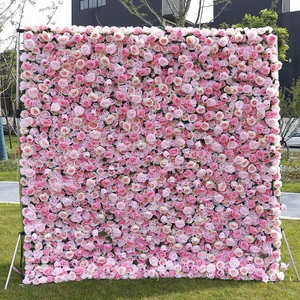New Pink Roses Theme Wedding Party Backdrop Curtain Ornament Background Decoration Artificial Silk Flower Wall