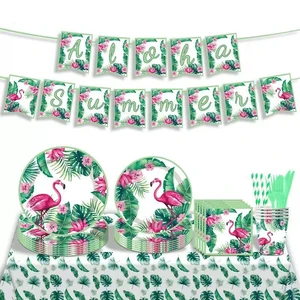Hawaiian Flamingo Design Disposable Tableware Palm Leaf Paper Plate Cup Towel Tablecloth Knife Fork Spoon for Party Decorations