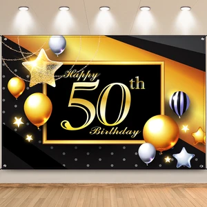FSFLAG Modern Large 50th Birthday Backdrop Decorations Happy70 X 47 Inch Black Gold Polyester Banner Women Men Party Supplies