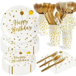 Modern White Bronzing Disposable Cake Plate Dinnerware Set Paper Cup Set for Birthday Parties Boxed Wholesale Tableware Eid Mubarak Decorations