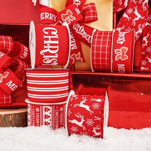 Stock 38mm 63mm Holiday Christmas Decoration Burlap Ribbon Wired Edge Ribbon for Wreath Crafts