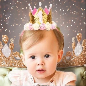 Children's First Birthday Party Accessory Gold Sequin Rose Crown Girl's Hair Photo Booth Prop