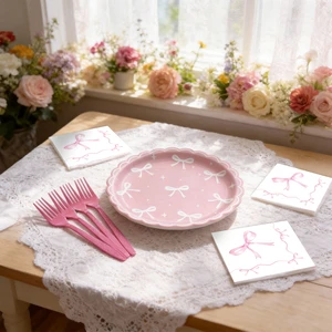 640420 Pink Bow-Themed Party Supplies Kit Elegant Tableware Set for Birthdays Baby Showers or Bridal Showers Wholesale