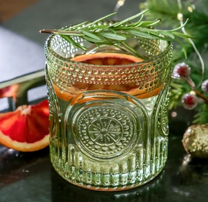 Retro Arch Floral Green Drinking Glasses Vintage Beaded Glassware, Textured Water Cocktail Cups Holiday Drinkware Gift Glass