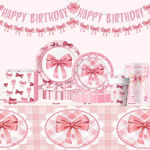 Pink Bow Ballet Theme Children's Birthday Party Disposable Tableware Paper Plate Tablecloth Tissue Set Decoration Blessing Baby
