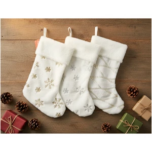 19Inches Luxury Santa Christmas Socks Faux Fur Cuff Embroidered Snowflake Sequins Plush Christmas Stockings