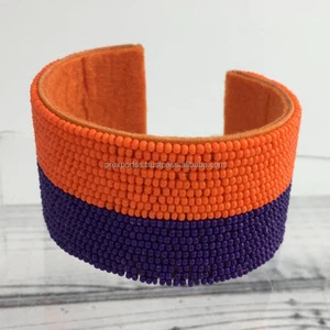 Purple Orange Beaded Cuff Bracelet Team Spirit Handmade Seed Bead Embroidery Boutique Jewelry Artisan Artistry GAMEDAY Model 001
