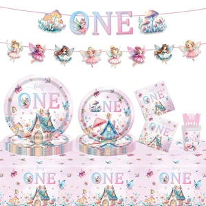 Flower Fairy Mushroom House Party Disposable Paper Plates Cups Set Tablecloth Children's Birthday Party Decoration Modern Party