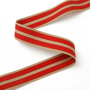 Neelkamal Industries 25mm Christmas Red Tan Striped Wired Edge Shrink-Resistant 100% Polyester Burlap Style Decorative Ribbon 50