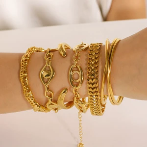 Women's Hip-hop Style Personality Collection Geometric 18K Gold Plated Stainless Steel Bracelet Set Cuban Niche Chain Eye