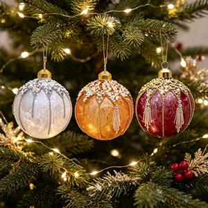 Luxury Rhinestone Icicle Tassel Textured Glass Christmas Baubles, Gold Silver Red Three Colors, Xmas Tree Hanging Ornaments