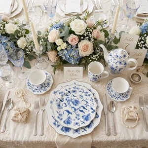 Wholesale Wedding Event Ceramic Dinnerware Set Blue Floral Porcelain Dishes Tea Set for Rental and Party Table Decoration Custom