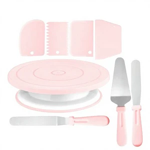 Anti Slip Rotating Cake Stand Set With Icing Spatula and Scraper Smoother for Birthday Wedding Party Decoration
