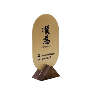 Custom Engraved Brass & Walnut Table Tent Sign, Polished QR Code & Number Stand for Restaurants, Bars & Hotels
