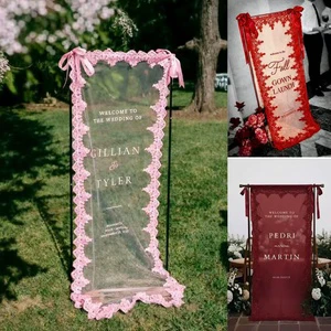 Customized Romantic Boho Sheer Hanging Tulle Entrance Banner Personalized Sheer Fabric Wedding Welcome Sign with Lace Edge