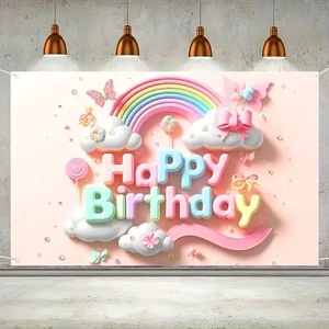 3D Cloud Rainbow Design Polyester Photo Backdrop Fabric Tapestry Happy Birthday Backdrop Banner Event Decoration