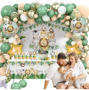 Wild One Jungle Animal Theme Balloon Arch Kit Paper Party Supplies Decor for Unisex Birthdays Backdrop Tablecloth H202-00
