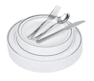 Plastic Disposable Dinnerware Set Silver Party Tableware Supplies Plates Cups Forks Knives Spoons