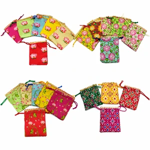 Handmade Mini Party Favor Potli Bag Assorted Color Fabric Drawstring Pouch with Inside Lining Both Side Printed Gift Bag