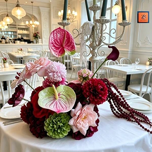 Luxury Artificial Anthurium & Dahlia Centerpiece, Vintage Candelabra Floral Arrangement For Wedding & Restaurant Table Decor