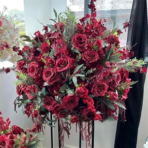 F-660 Artificial Red Flower Ball Rose Floral Burgundy Table Centerpieces for Wedding Table Party Event Decoration