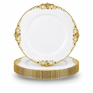 In-stock PS White Disposable Plastic Party Plates Retro Gold Rim-10.25&7.5 in Dessert Appetizer Plates for Party,Wedding