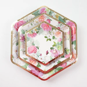 Disposable round/hexagonal plates, paper bowls with gold-stamped flowers party tableware for birthday cakes