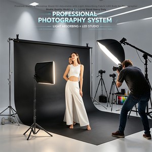 Premium Wedding Backdrop Stand Kit Adjustable with Light Absortbing Fabric LED Bulb for Photographer Custom Heavy Duty