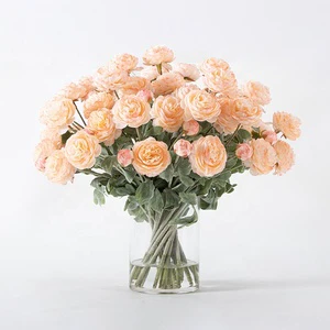 New Champagne Ranunculus Artificial Flower Set Paired With Glass Vase Floral Kit For Wedding Table Desktop Decoration Flower Set